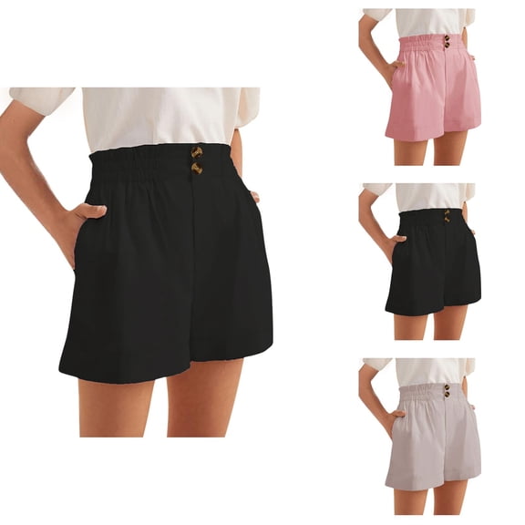 Shorts for Women 2026 Summer Cotton Linen Elastic High Waist Wide Straight Leg Roll Up Casual Shorts with Pockets