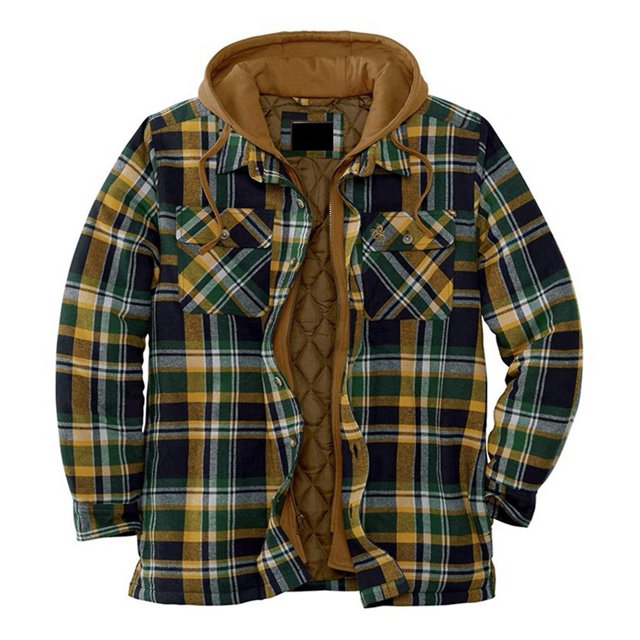 Chaqueta holgada de manga larga a cuadros gruesos GreenLQuilted, sudadera con capucha para hombre, franela acolchada con forro