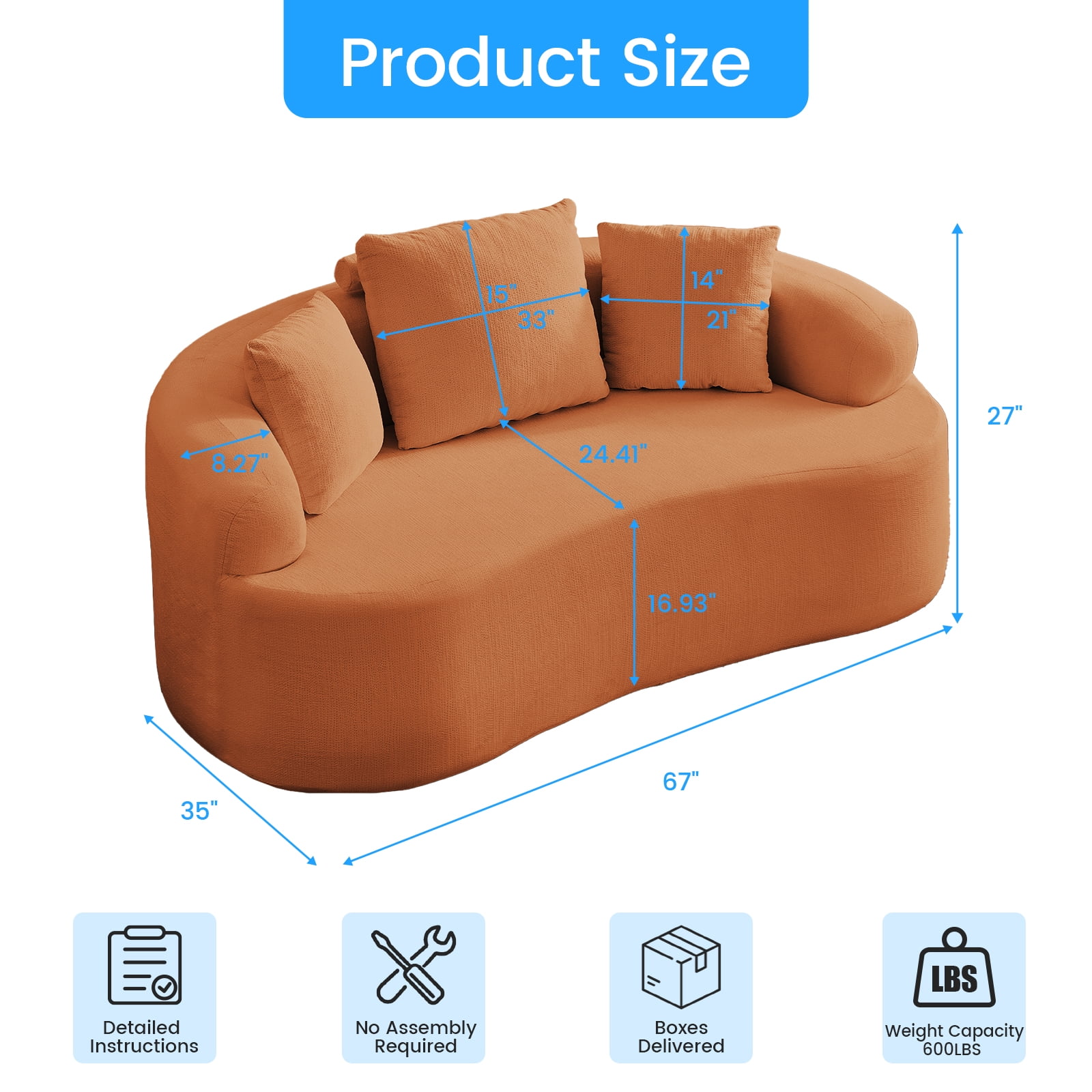 ZAFLY 67” Cloud Comfy Sofa, Deep Seat Loveseat for Living Room, Chenille 2 Seater Cloud Couch, No Assembly Required - Orange