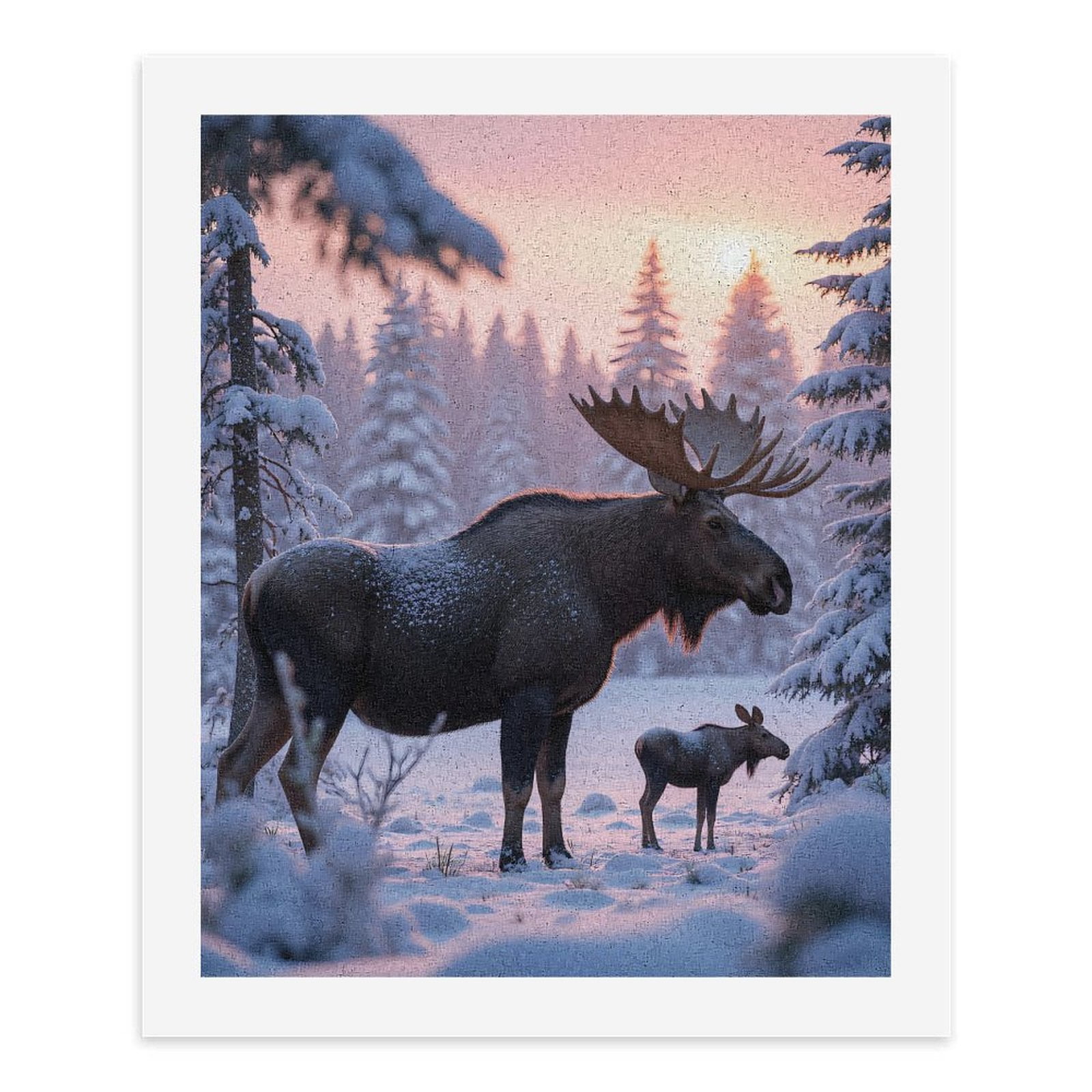 Paint By Numbers Kit for Adults Beginner - Moose Calf Winter Sunrise Snowy Forest DIY Canvas Painting Kits for Adults, Frameless Paint By Number for Adults for Home Wall Decor 16x20 Inch