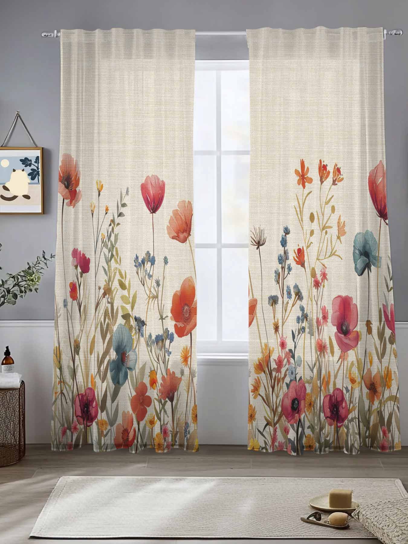 Red Flowers Sheer Curtains 96 Inches Long 2 Panels Plants Watercolor Floral Retro Linen Light Filtering Semi Sheer Window Curtains Drapes for Bedroom Living Room 52"x96"x2