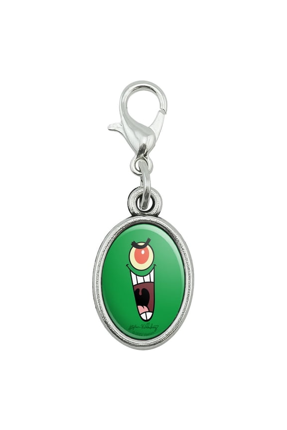 SpongeBob Plankon Face Antiqued Bracelet Pendant Zipper Pull Oval Charm with Lobster Clasp