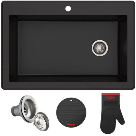 Black Kitchen Sink - 33 in. Dual Mount Single Bowl Granite Kitchen Sink, Black