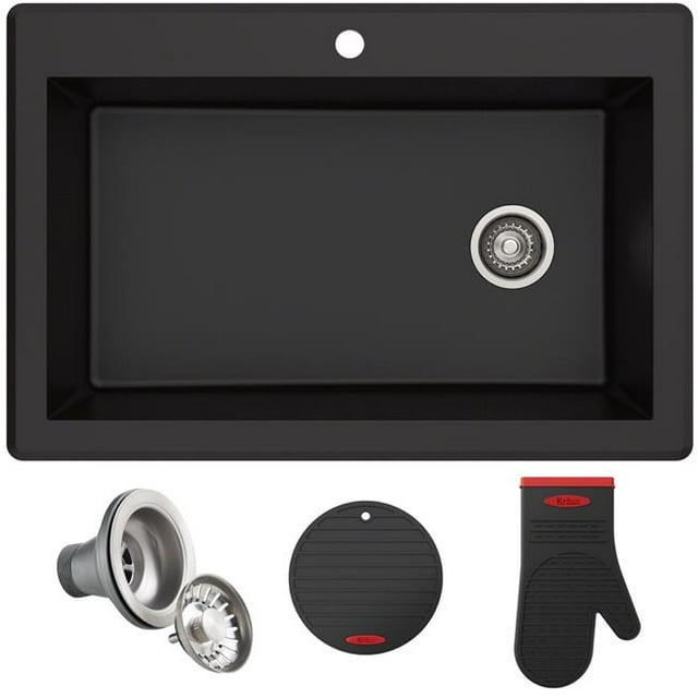 33 in. Dual Mount Single Bowl Granite Kitchen Sink, Black