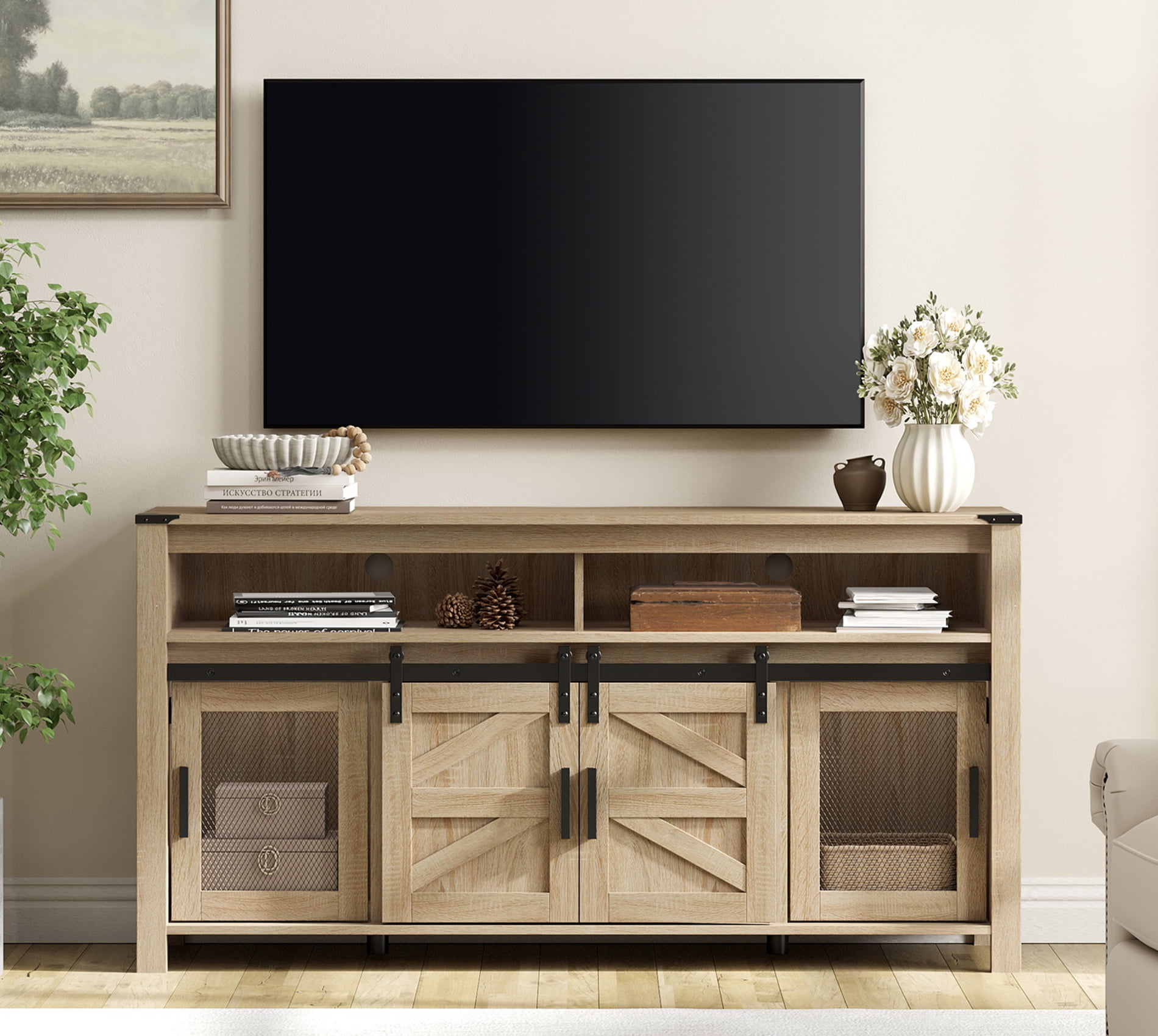 WAMPAT Farmhouse TV Stand with Two Barn Doors and Storage Cabinets for Televisions up to 65 Inch, Entertainment Center Console Table, Media Furniture for Living Room, Light Oak