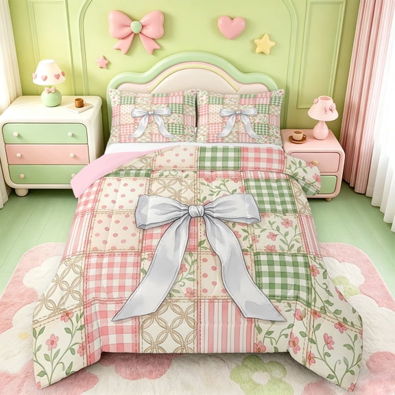 Manfei Patchwork Plaid Bow Full Size Comforter Sets,Floral Stitch Bedding Comforter Set,Pink Reversible,3 Pieces,1 Comforter and 2 Pillowcases