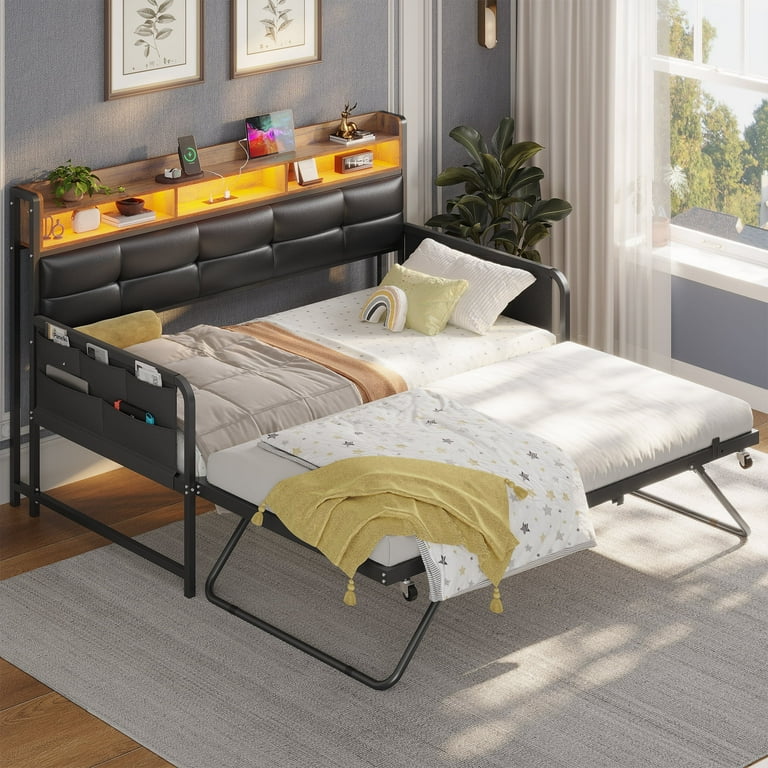 AOGLLATI Daybed with Trundle, Twin Day Bed with Upholstered Headboard and Charging Station, Metal Day Bed Frame Twin with Storage and LED Lights, Twin to King Daybed for Living Room, Bedroom