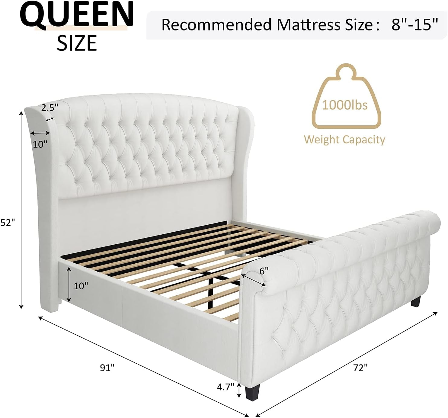 Amerlife Queen Size Bed Frame with Chenille Upholstery, Scroll Wingback Headboard and Footboard, Cream