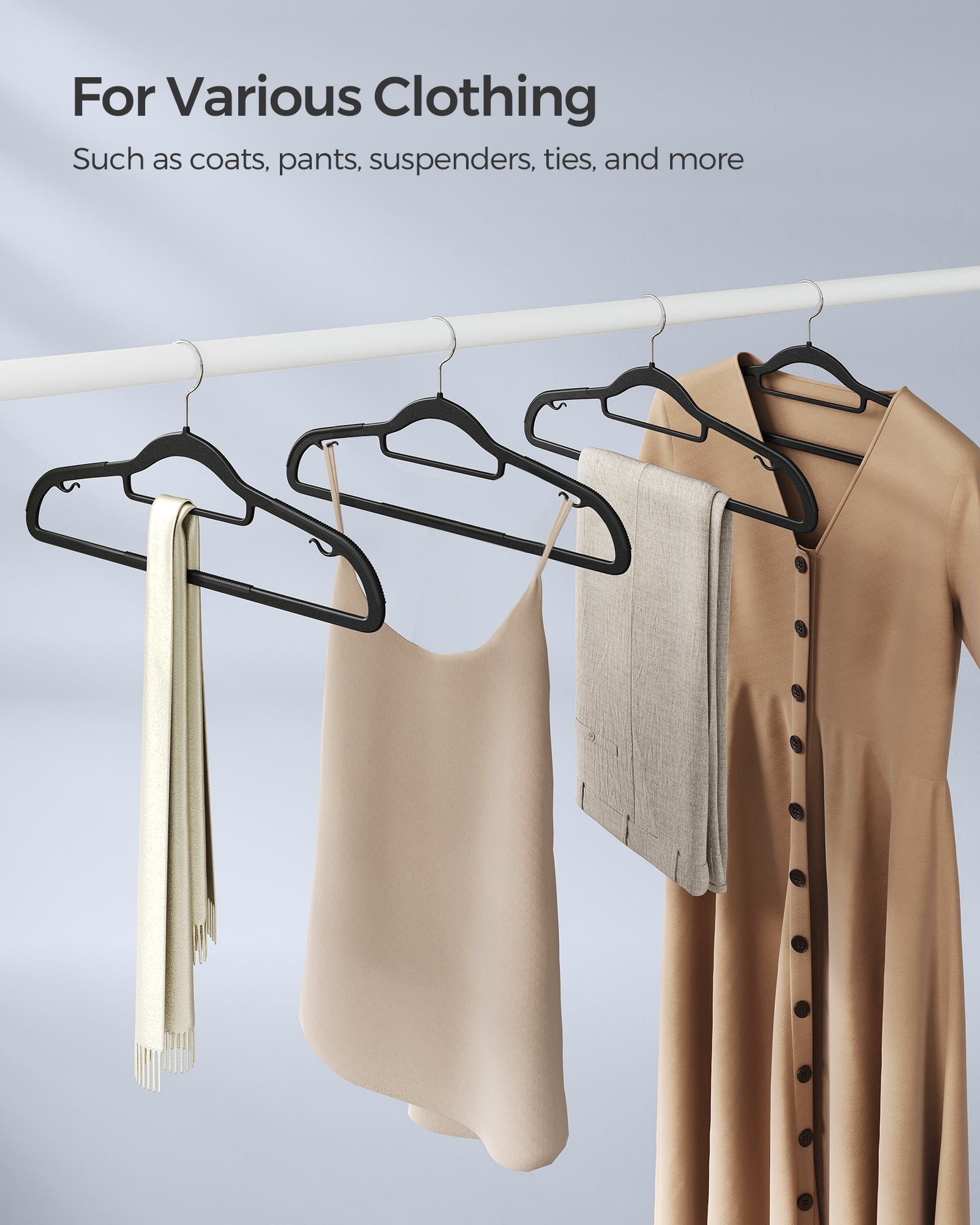 50 Pack Coat Hangers Non-Slip Clothes Hangers Space-Saving Plastic Hangers 360°Swivel Silver Hook Black