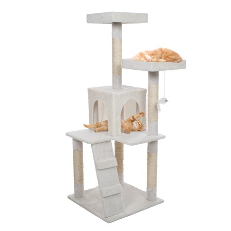 4-Tier Cat Tower with Napping Perches, Cat Condo, Ladder, 5 Sisal Rope Scratching Posts, Hanging Toy – Cat Tree for Indoor Cats by (White)