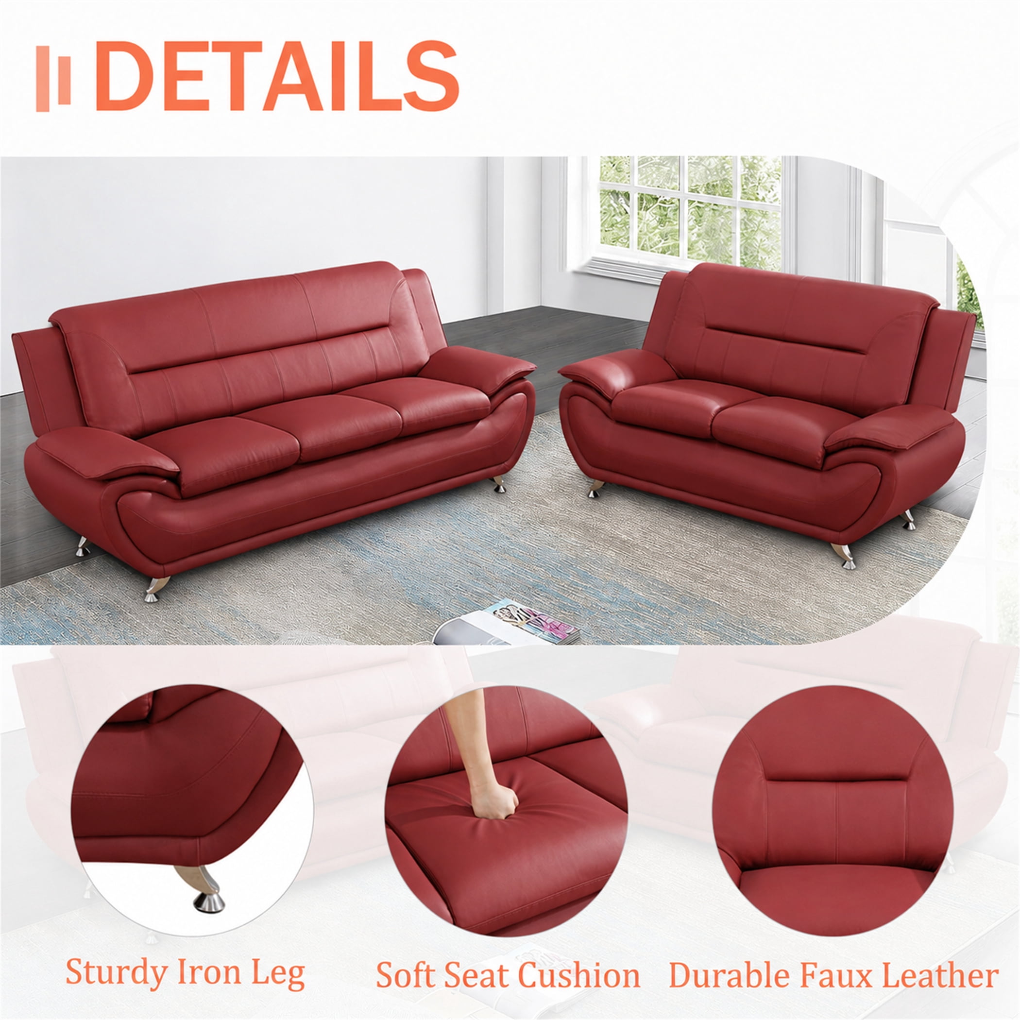 Aukfa 61" Wide Upholstered Loveseat Small Couch for Living Room Bedroom, Faux Leather, Red
