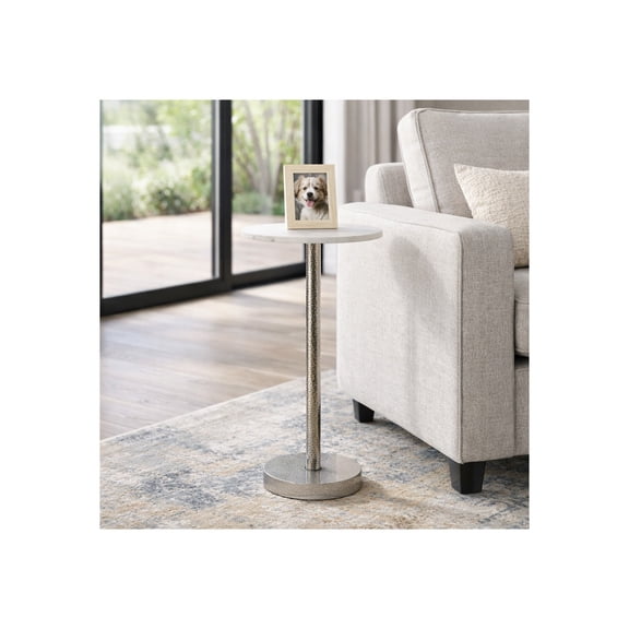 Elegant End Table, Side Table, or Small Night Stand for Room Decor - Bold Hammered Metal Bedside Table with Polished Marble Top for Small Spaces - Perfect for Bedroom or Living Room - 25" Silver