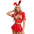 thumbnail image 2 of Minifalda con volantes y sujetador triangular con cordones de conejita de charol para mujer, diadema con orejas de conejo, disfraz sexy de cosplay, 2 of 5