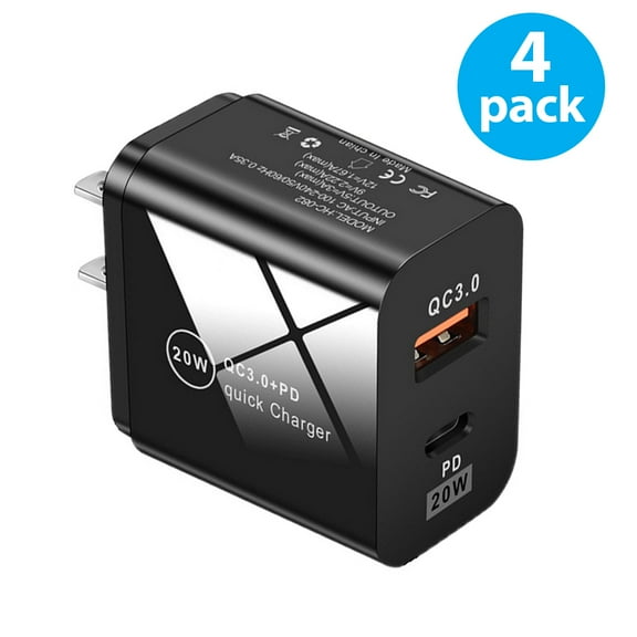 USB C Wall Charger Block 20W, 4-Pack Dual Port PD Power Delivery Fast Type C Charging Block Plug Adapter for iPhone 11/12/13/14/Pro Max, XS/XR/X, iPad Pro, AirPods Pro, Samsung Galaxy and More (Black)