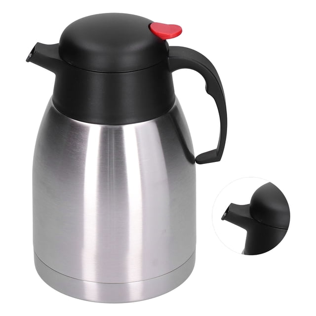 jarra térmica, botella de vacío de 1,5 l, botella térmica térmica, botella de agua aislada, integración perfecta Botella de vacío NikouMX 1.5L en acero inoxidable plateado con tapa negra y botón rojo, asa ergonómica negra y pico vertedor integrado, vista frontal centrada sobre fondo blanco; adecuada para agua hirviendo, té y café, peso aprox. 873 g. Suele utilizarse también para servir bebidas calientes en reuniones pequeñas.