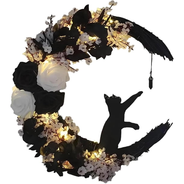 2024 Nueva corona de Halloween, coronas de gato negro de luna de Halloween con luces, decoración del hogar para colgar, corona de gato negro de luna de flores, decoración de pared de fiesta para el ho