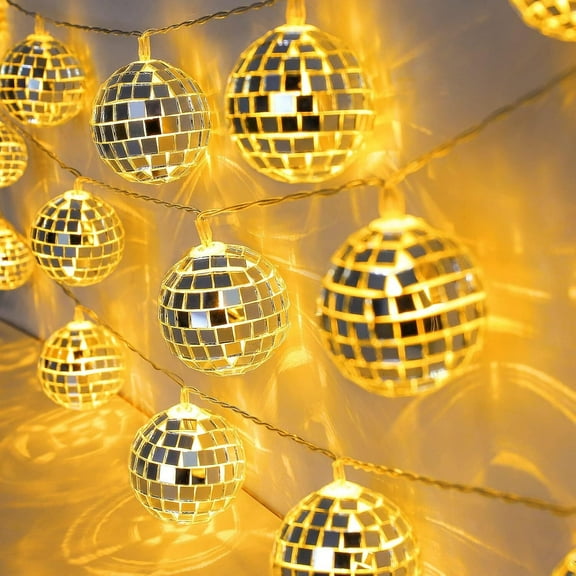 GoXteam 10 LED 5 Feet Long Disco Ball String Light Battery Powered Mirror Balls Ornaments for Outside Backyard Porch 70s 80s Disco Party Supplies (Warm White)
