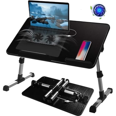Adjustable Laptop Desk Table for Bed, Foldable Computer Stand [Large Size] Tiltable Notebook Tray with Cooling Fan for Sofa Couch Floor (Black)