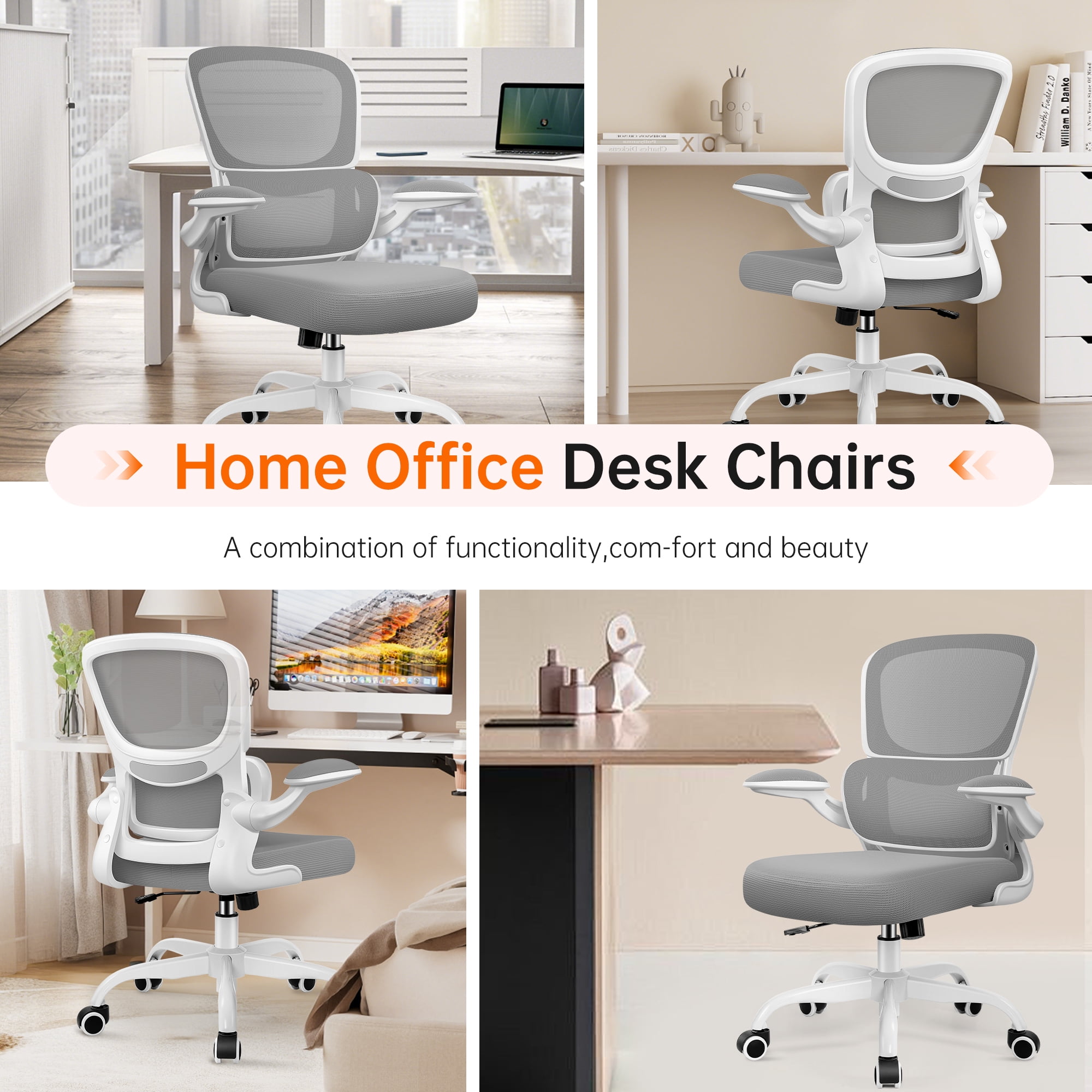 COOLHUT Office Chair, Ergonomic Desk Chair with Lumbar Support and Adjustable Armrests, Breathable Mesh Computer Gaming Chair, Reclining Task Chair for Home Office, Light Gray