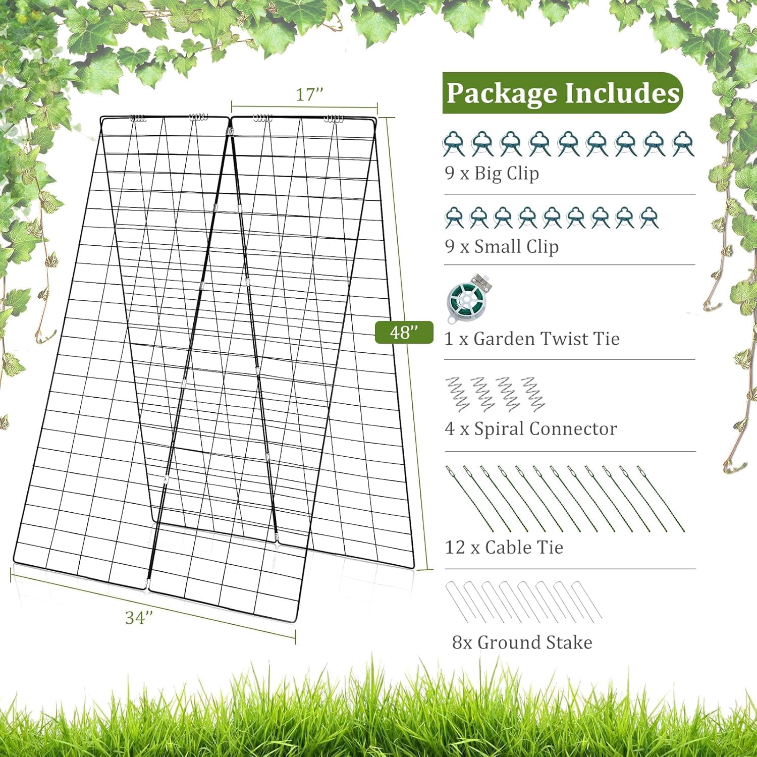 HZshop 46 x 34 Inch Cucumber Trellis for Garden, 4 PCS Foldable A-Shape Plant Support W/18 Clips, 8 Ground Stakes, 4 Spiral Connectors, 12 Cable Tie, Twist Tie, Garden Trellis for Climbing Plants
