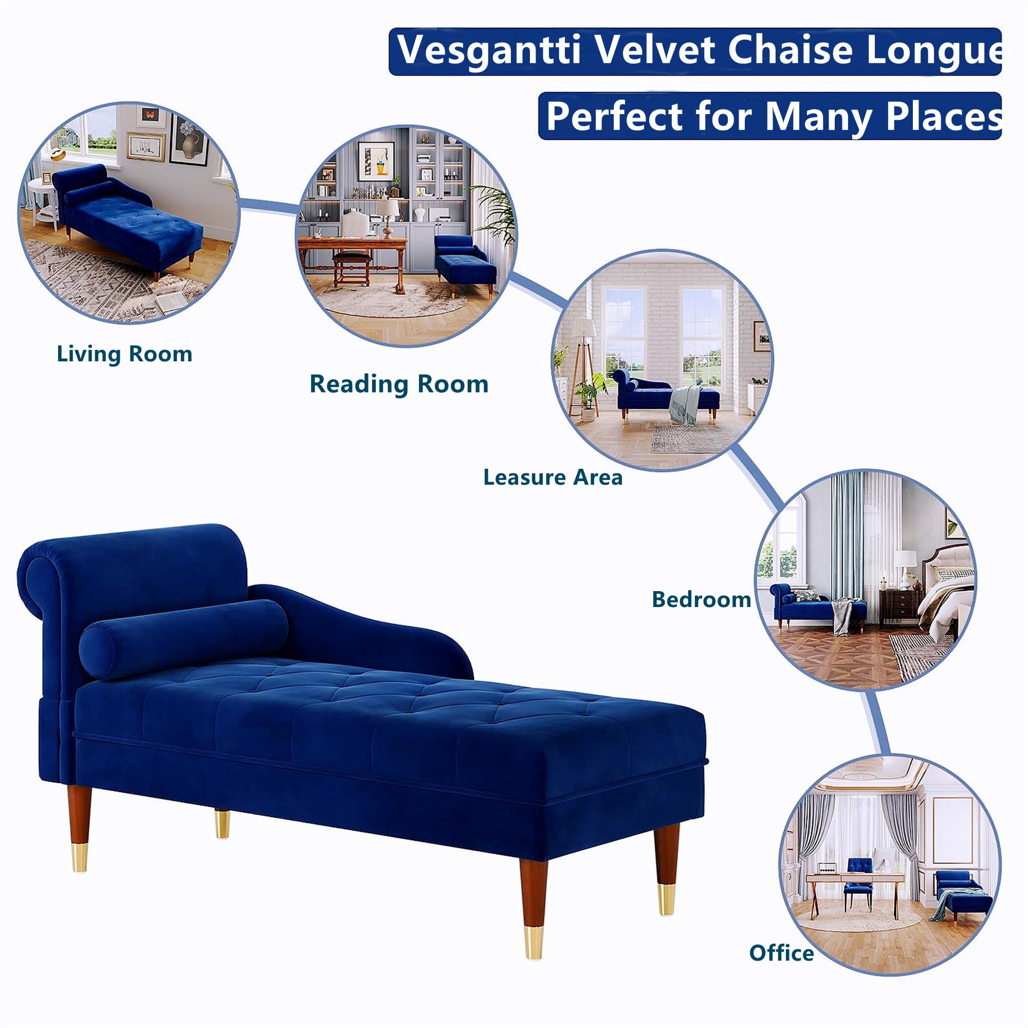 Aukfa 59" Velvet Chaise Lounge Indoor Upholstered Tufted Sofa w/ Pillow for Living Room Bedroom, Blue