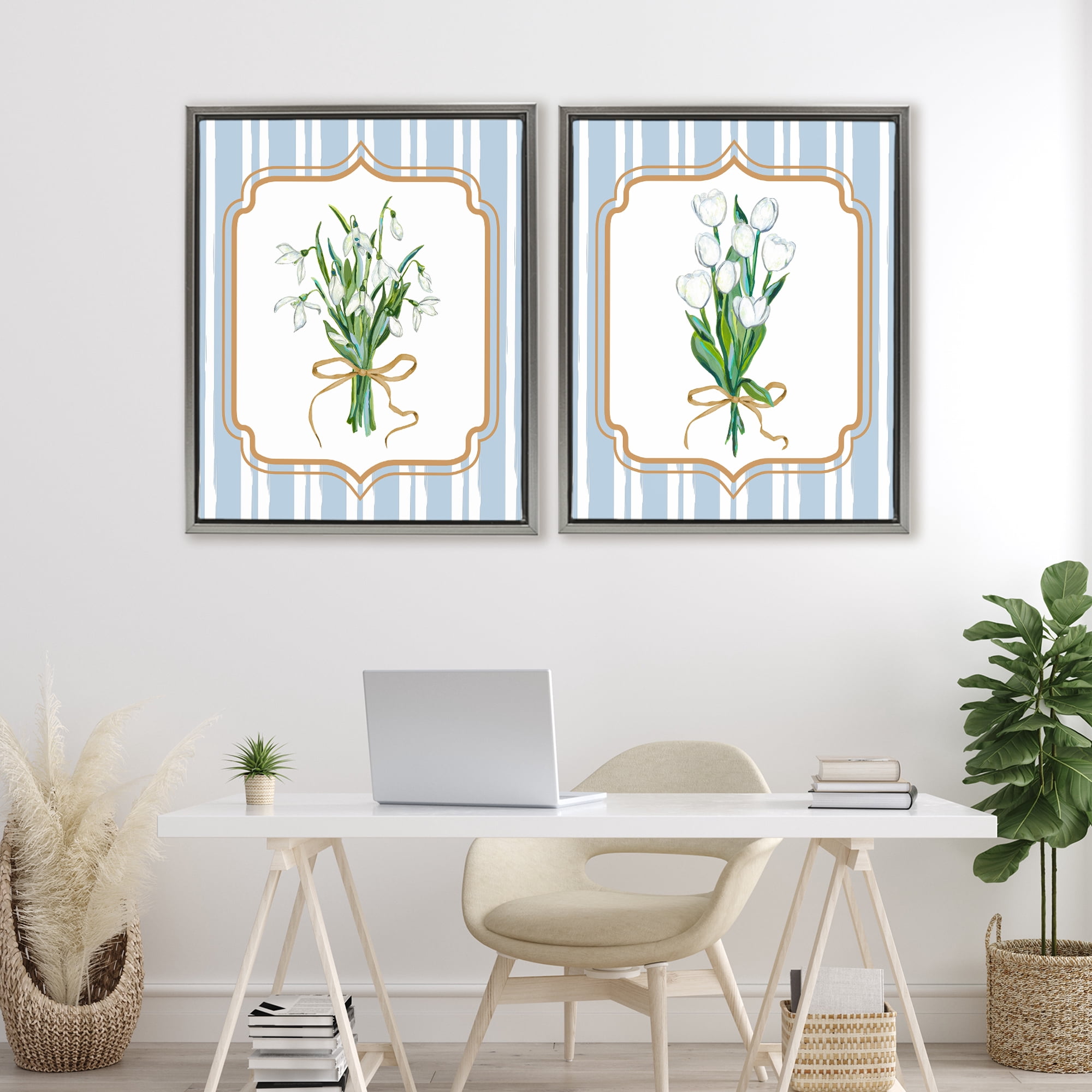 White Flowers Classic Stripes 2 Piece Gray Framed Floater Canvas Set, design by Adonna Ebrahimi