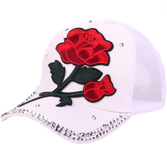 White Rhinestone Decor Red Rose Patch Baseball Cap Y2K Sports Hat
