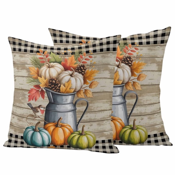Fall Outdoor Waterproof Pillow Covers, Orange Green Blue White Pumpkin Plaid Wood Grain Decorative Square Throw Pillowcase Sofa Cushion Sham for Patio/Couch/Chair, 24"x24" 2 Pack