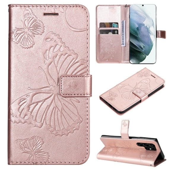 TECH CIRCLE Galaxy S22 Ultra Wallet Case,Butterfly Embossed PU Leather Flip case Cover Stand Feature with Wrist Strap and Card Holder Protective Phone Case for Samsung Galaxy S22 Ultra 6.8", Rosegold