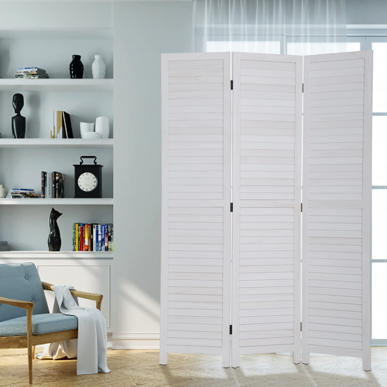 NiamVelo 3 Panel Wood Room Divider 67.7" Tall Folding Privacy Screen Wall Divider for Home Office, White
