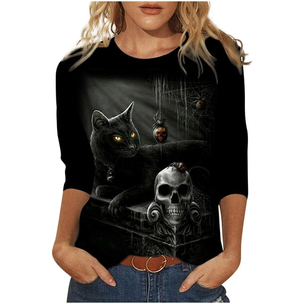 Blusa clásica de cuello redondo de manga larga con estampado de novedad de Halloween para mujer Pompotops FGAJ6280
