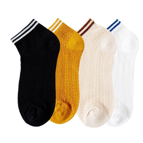 Women's 4-Pair Pack Lightweight Mesh Ankle Socks with Striped Cuffs Breathable Knit Texture - 4 pcs-D