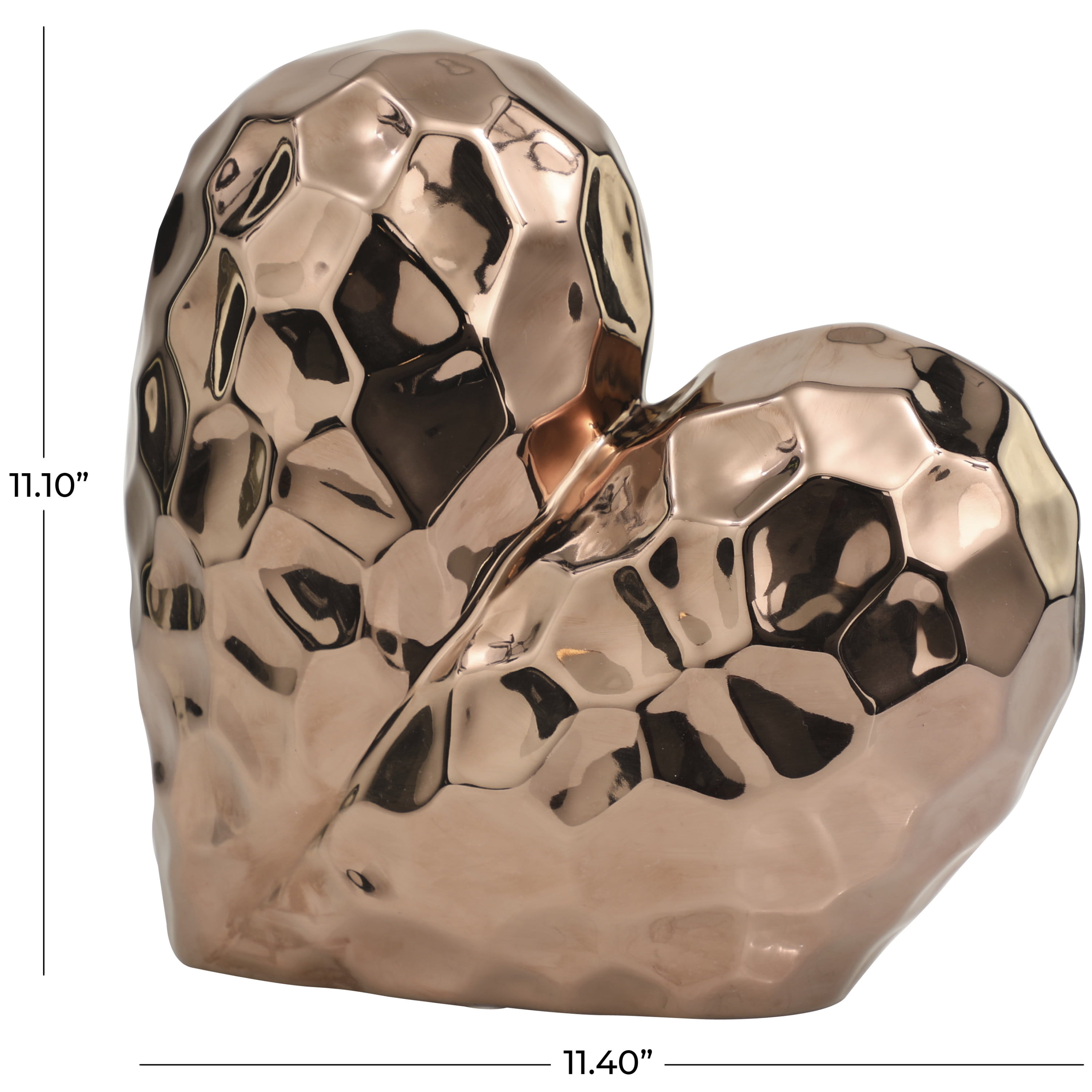 11" x 11" Rose Gold Ceramic Dimensional Angled Origami Inspired Heart Sculpture with Faceted Exterior, by DecMode