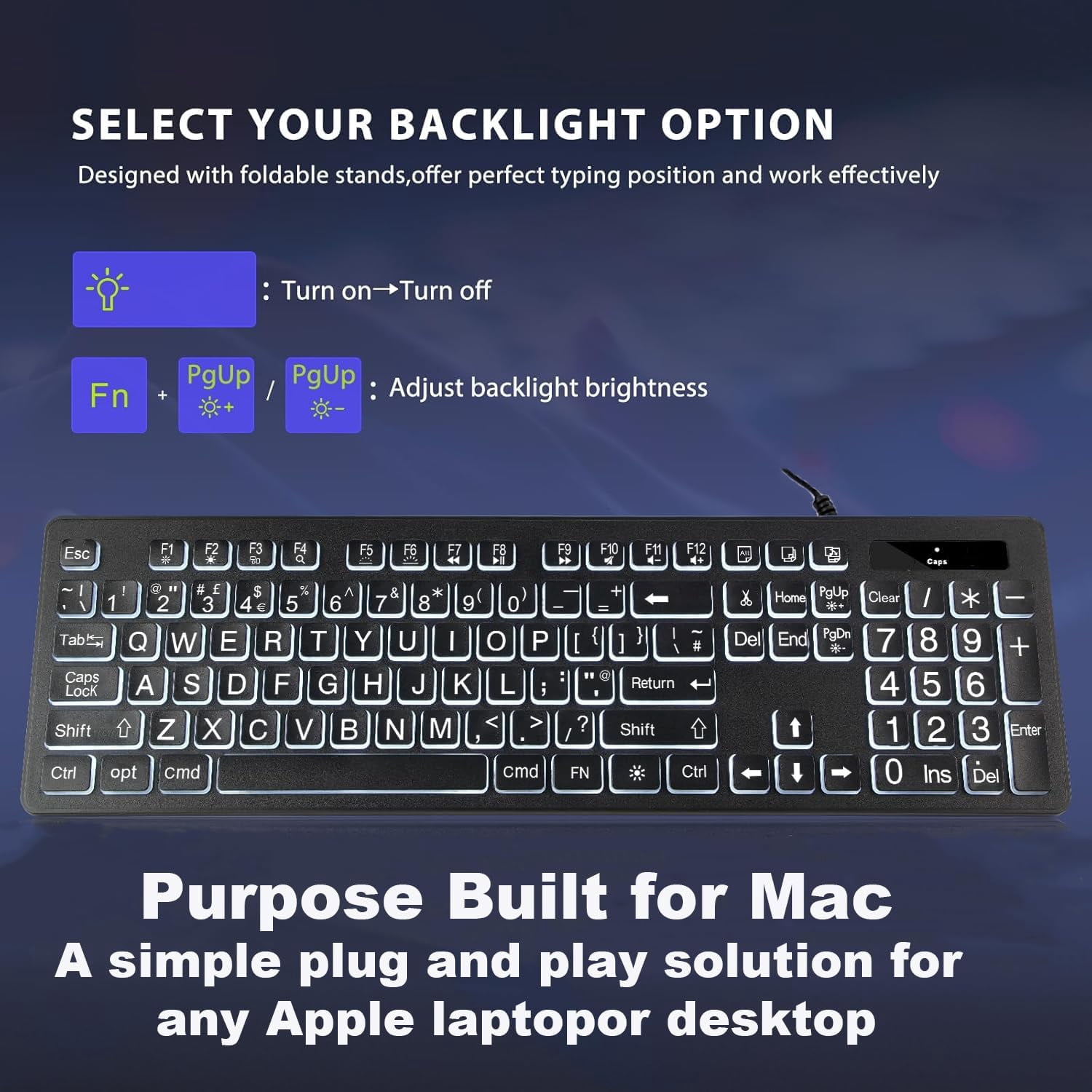 Large Print Backlit Keyboard for Mac – Full Size Wired Layout Computer Keyboard with White LED Backlight, USB A + C Plug-N-Play, Compatible with Mac Mini, iMac, MacBook Pro/Air
