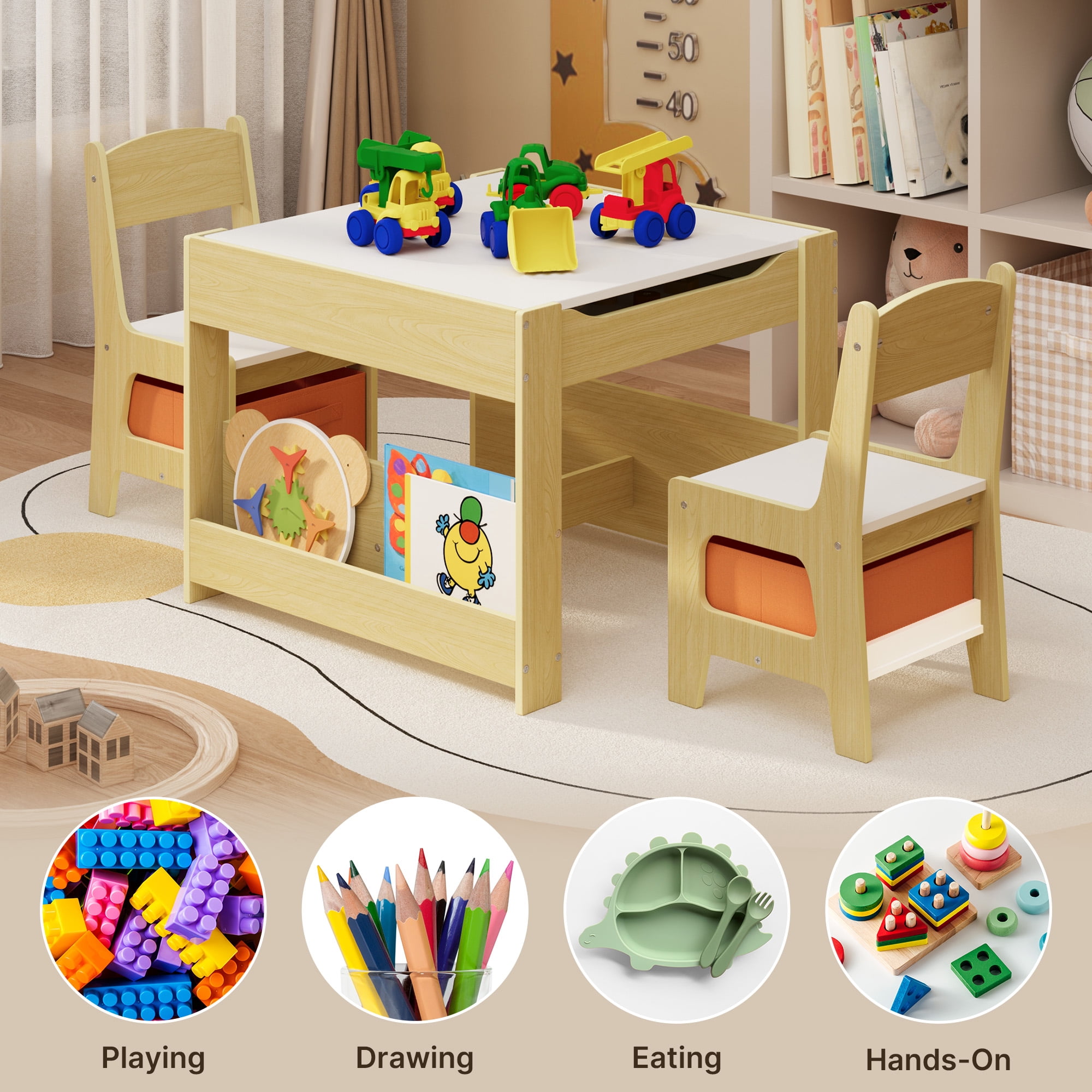 Kid's Table and Chair Set, Asofer 4-in-1 Kids Set with Bookshelves Storage Drawer, Removable Desktop for Drawing Playing Studying Eating, White/Gray