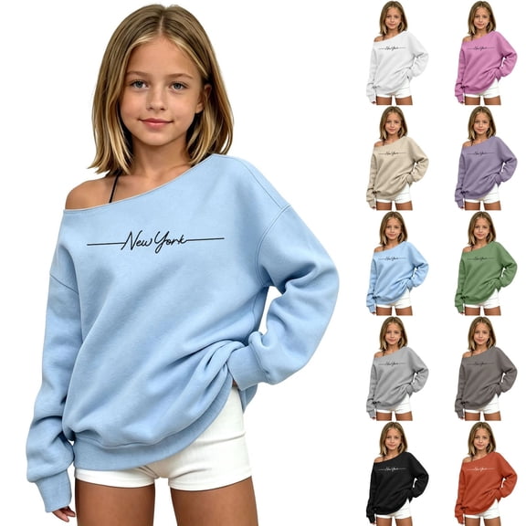 JAJAHO Off The Shoulder Sweatshirt Girls New York City Street Shirt Kids Girl Fall Clothes Sizes 3-14