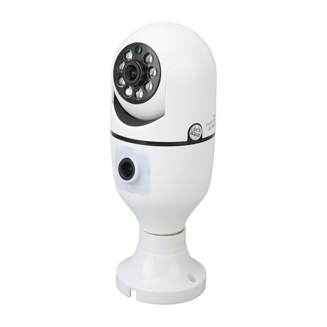 cámara de seguridad, cámara de seguridad con bombilla 2 waytalk e27 para tienda Cámara con bombilla blanca de cuerpo plástico y doble lente: lente superior con anillo de LEDs para modo nocturno ICR y lente secundaria con difusor; base compatible con casquillo E27, rotación horizontal 355° y vertical 90°, voz bidireccional, resolución 1920 x 2160 y soporte microSD hasta 128 GB. Adecuada para vigilancia en hogar o tienda y para supervisar mostradores y estanterías.