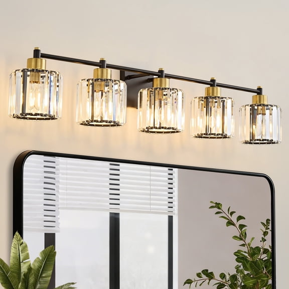 Deyidn Modern 5-Light Bathroom Vanity Light with Crystal Shades, 39 Inch Black Gold Dimmable Light Fixture for Mirror