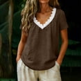 thumbnail image 2 of TEAJOPSUU Women's 100% Cotton Tops Short Sleeve Lace Tirm V Neck T Shirts Casual Loose Fit Summer Blouses Coffee, 2 of 6