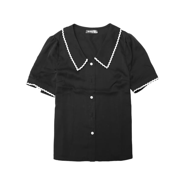 Blusa de Chifón Allegra K con Botones de manga corta y cuello Peter Pan Negro M