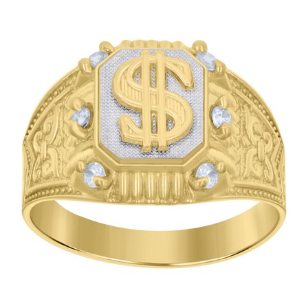 10kt Real Two-tone Gold Mens Cubic-Zirconia Dollar Symbol Currency Ring