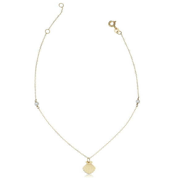 KoolJewelry 14k Yellow Gold Shell Charm Pearl Station Anklet (adjusts to 9" or 10")