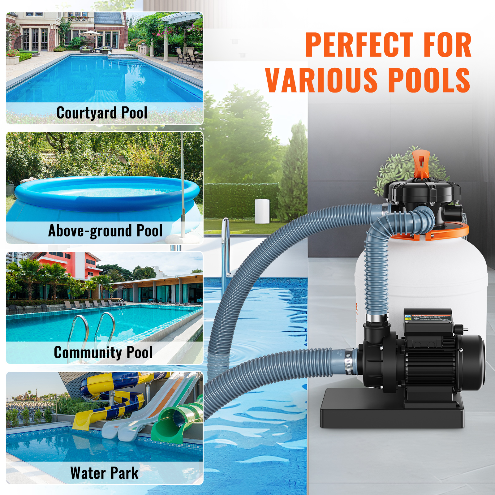 SKYSHALO 12 inch Sand Filter Pump for Above Ground Pools, 0.35HP Pool Pump with Sand Filter, 1585GPH Flow, 6-Way Valve