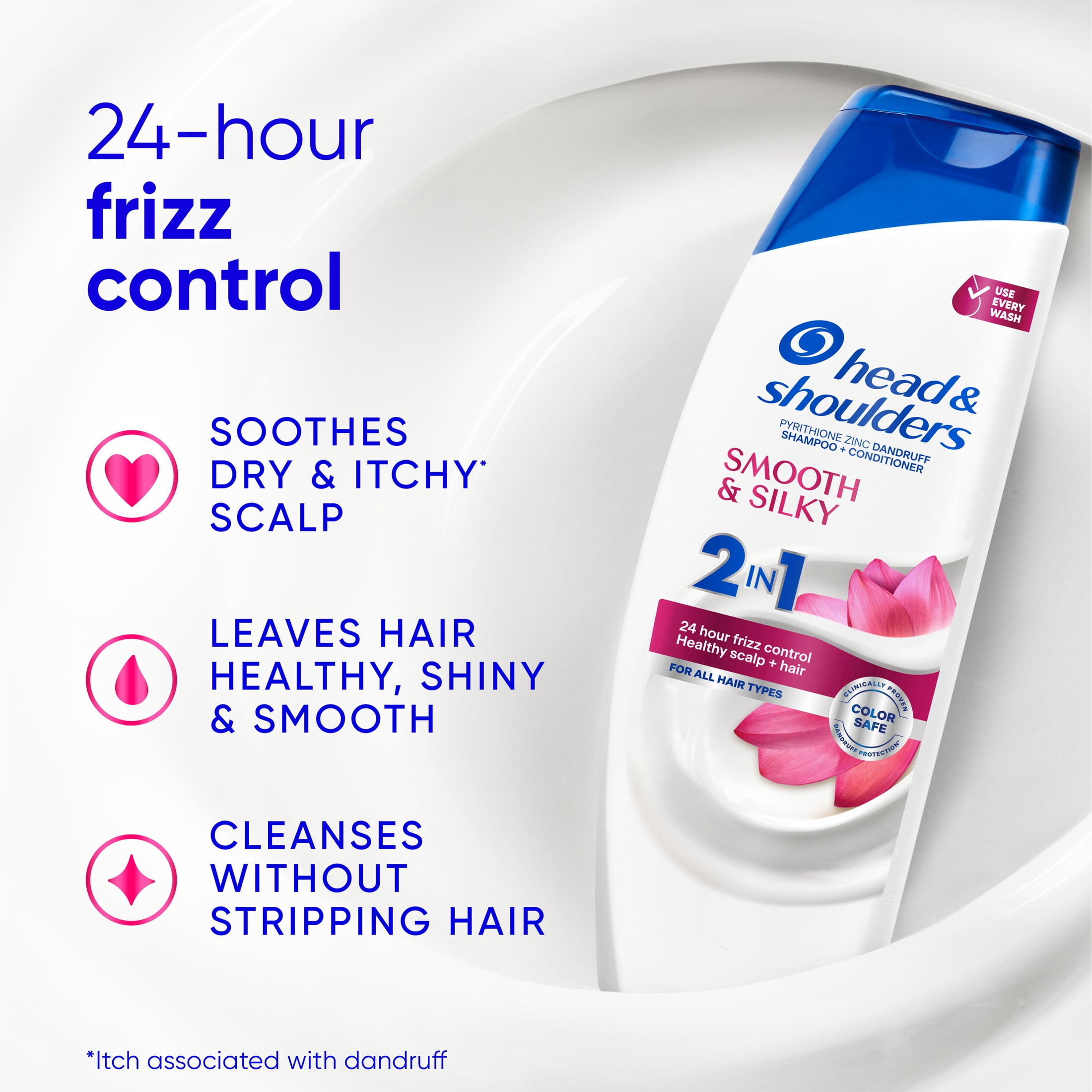 Head and Shoulders Smooth and Silky 2 in 1 Dandruff Shampoo and Conditioner, Frizz Control, Fresh Floral Scent, Color Safe, 28.2 fl oz