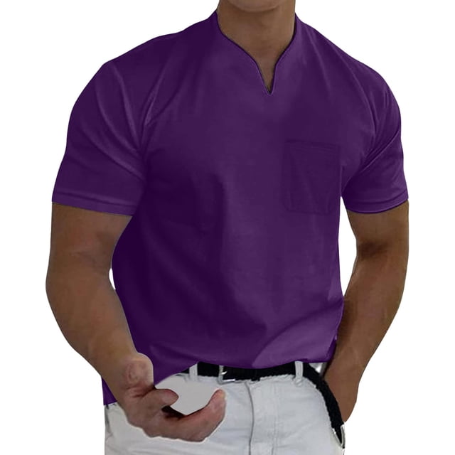 Prolriy Camisetas para hombre Primavera Verano Casual Cuello en V Sólido Manga Corta Camiseta Blusa Superior Camisas para hombre Rosa Fuerte S