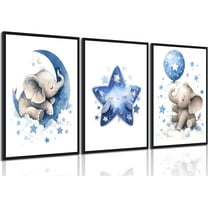 3Pcs Blue Nursery Elephant Canvas Wall Art Baby Boy Wall Decor Cute Animal Painting Pictures Moon And Stars Balloon Poster Prints for Nursery Classroom Kids Room Bedroom Home Decoration 12X16unframed