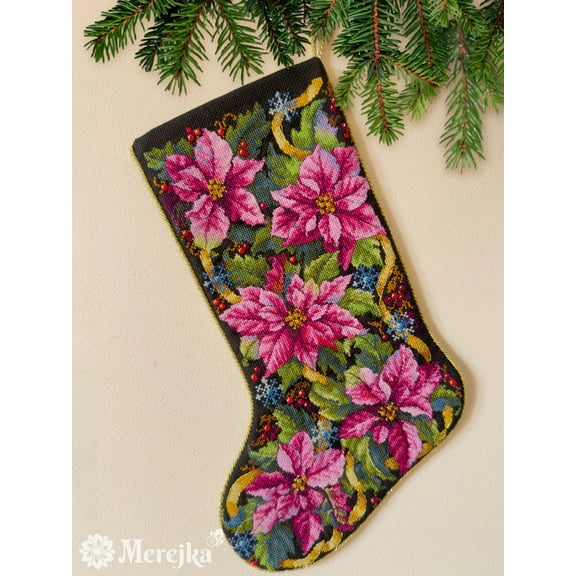 Pink Poinsettia Christmas Stocking K-262 Counted Cross-Stitch Kit