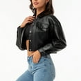 thumbnail image 6 of Light Jackets for Women Solid Long Sleeve Button Lapel Cropped Leather With Pocket Moto Biker Slim Lightweight Cothes, 6 of 8