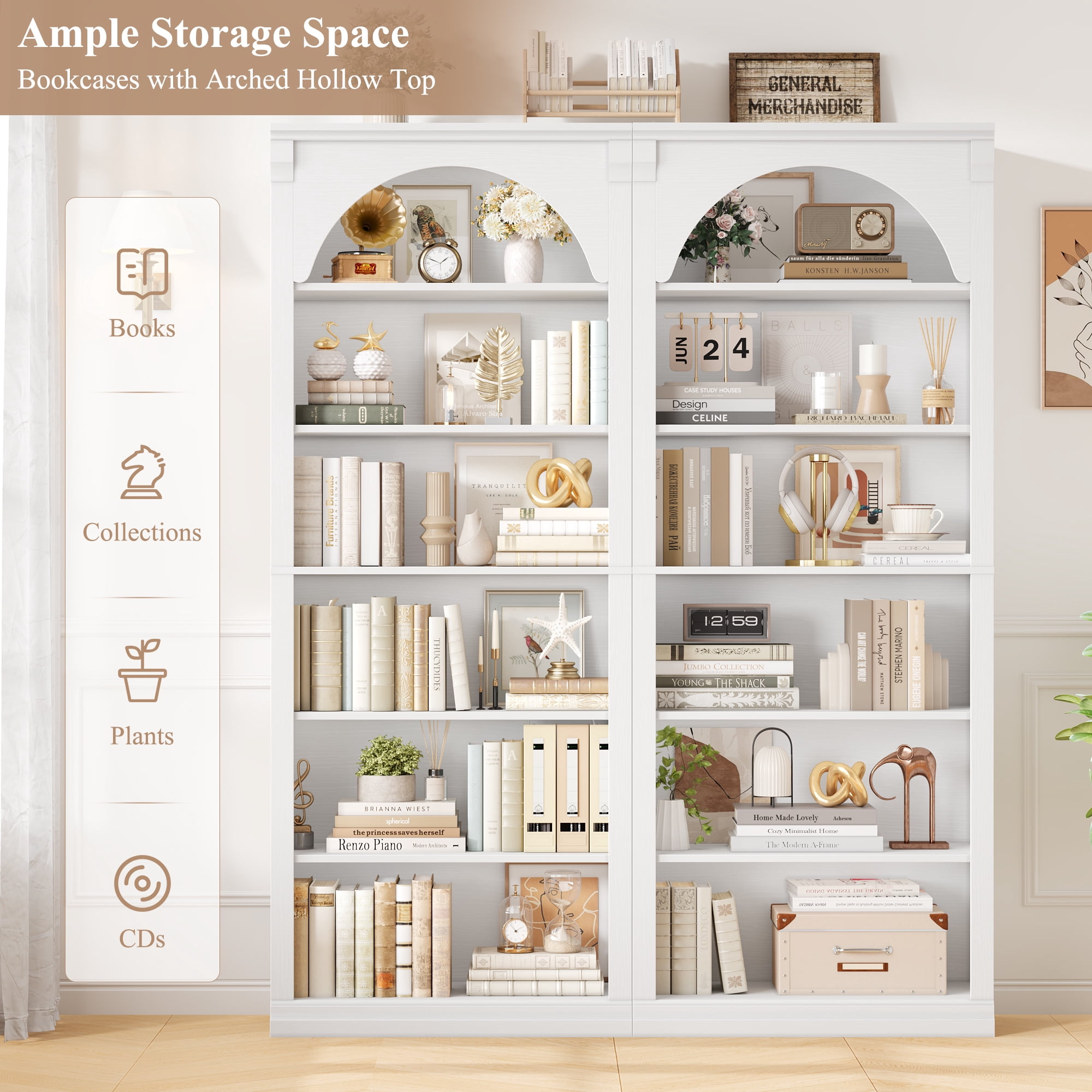 Homfa 6-Tier Bookcase with Arched Top and Pilasters, 72.8" H Accent Bookcase with Bark Grain Texture, White