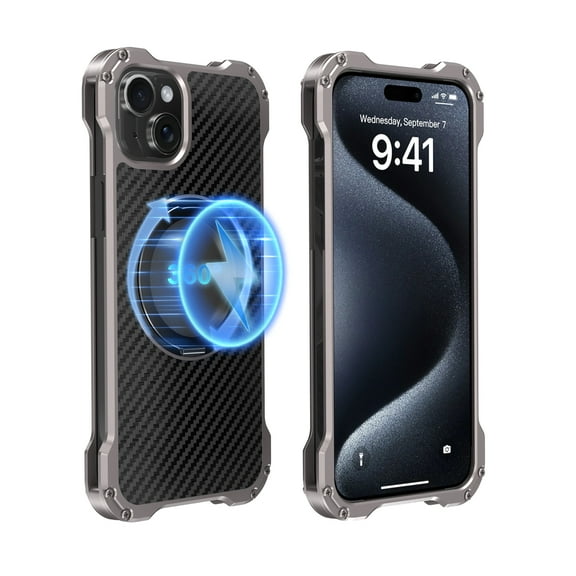 Dteck Magnetic Carbon Fiber Case for iPhone 15 with Ring Holder,Compatible with MagSafe, Sturdy Military Grade Protection Shockproof Aluminum Alloy Metal Armor Bumper Cover for iPhone 15,Gray